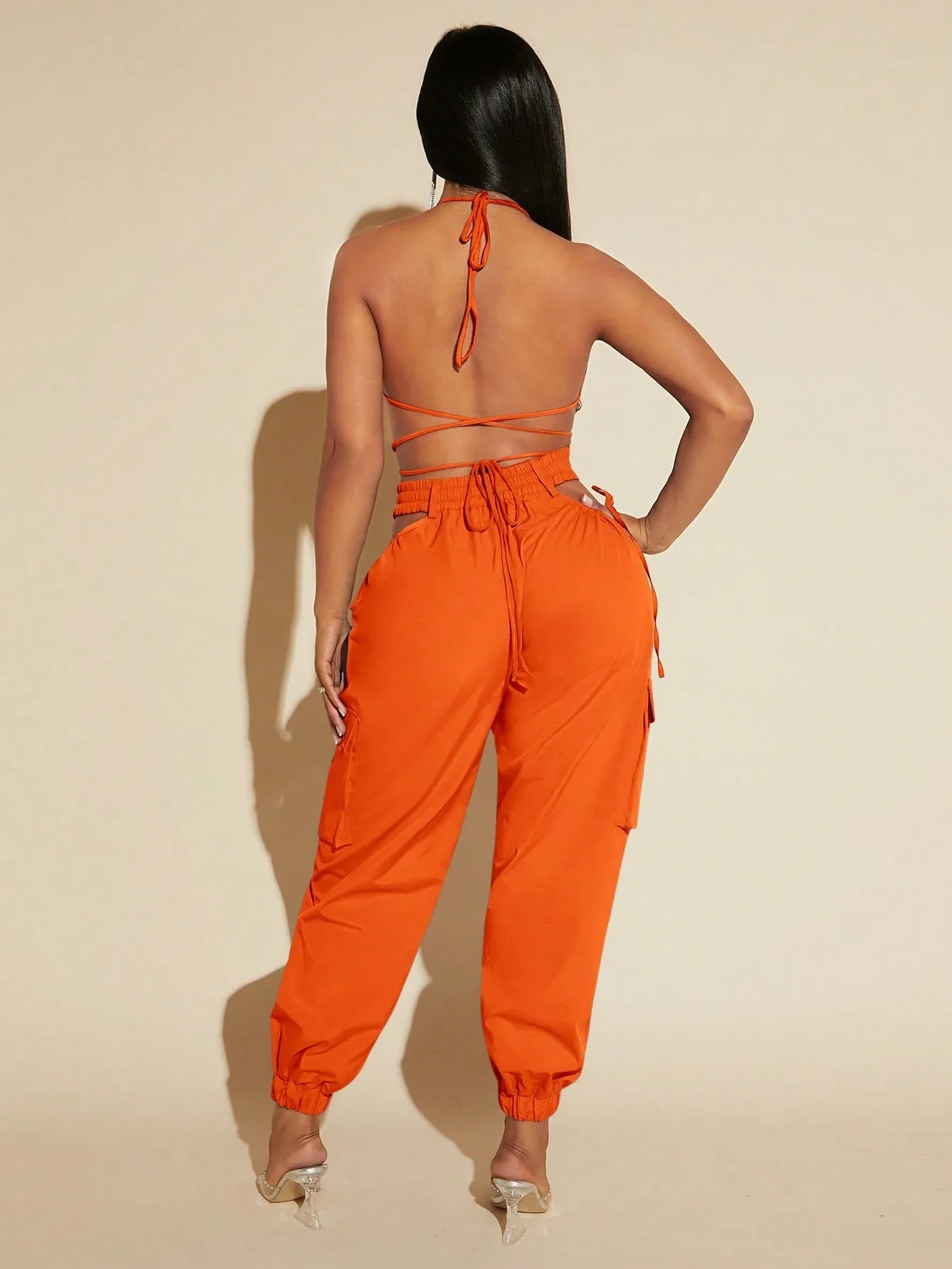 Tie Up Backless Halter Top Cut Out Pants Set