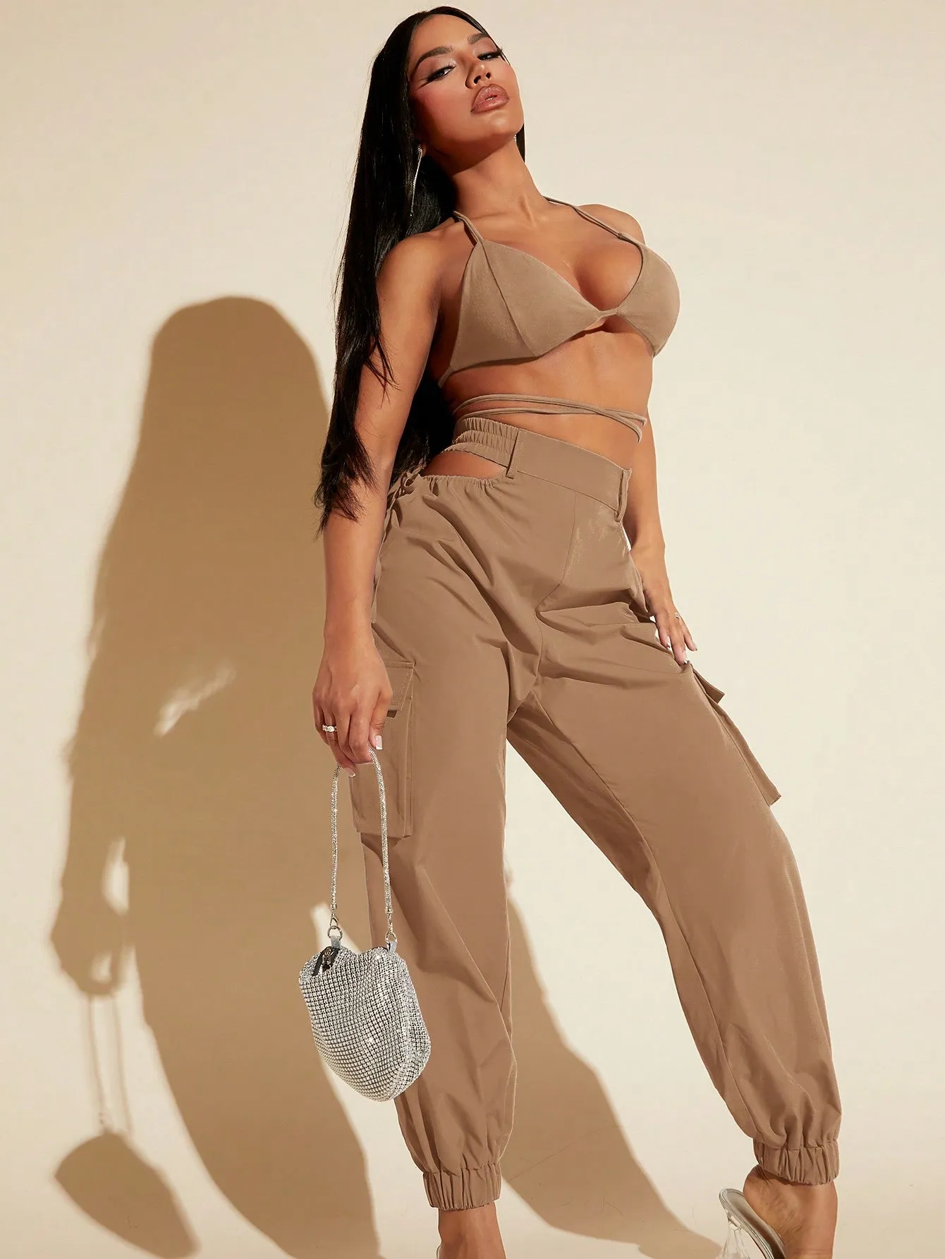 Tie Up Backless Halter Top Cut Out Pants Set