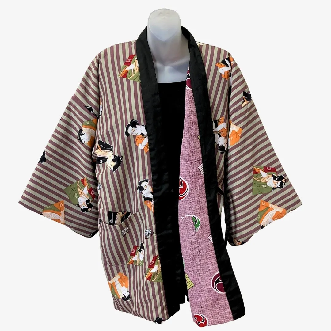 Traditional Japanese reversible Hanten coat (unisex) - Stripe kabuki print in brown