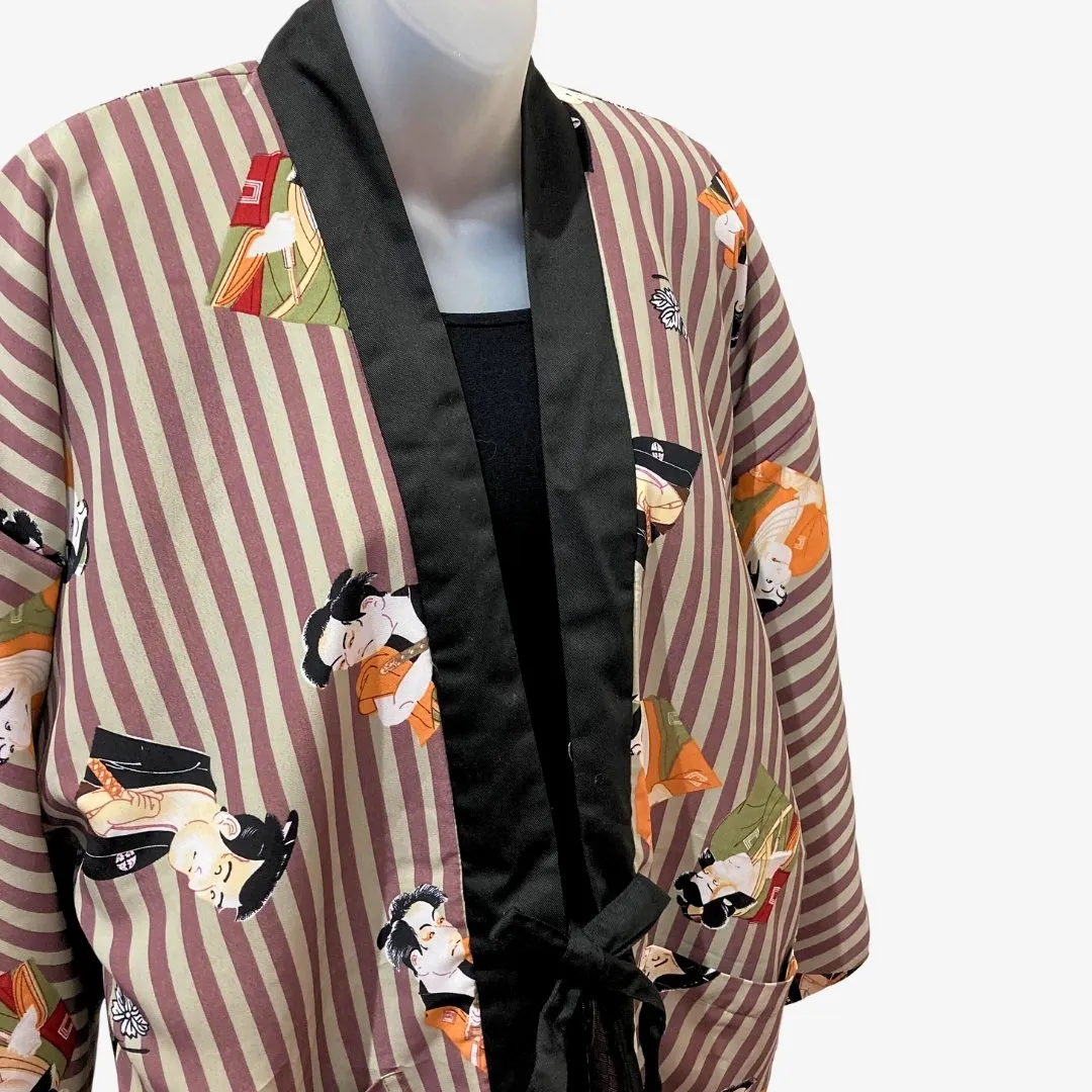 Traditional Japanese reversible Hanten coat (unisex) - Stripe kabuki print in brown