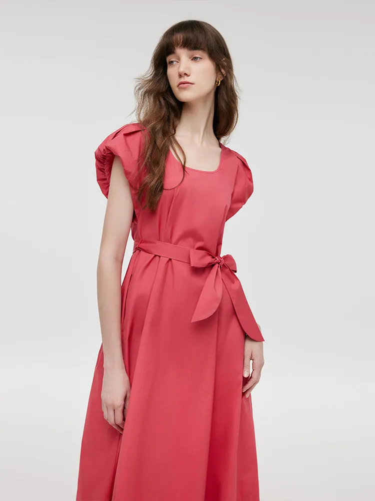 U-Neck Women Midi Dress With Belt