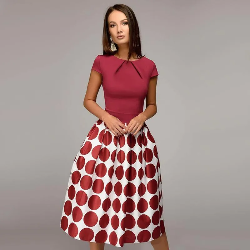 Vintage Dot Print Summer Casual Dress Women Fit and Flare Party Dress 2018 Summer O-Neck Short Sleeve Fold Elegant Mid Dresses