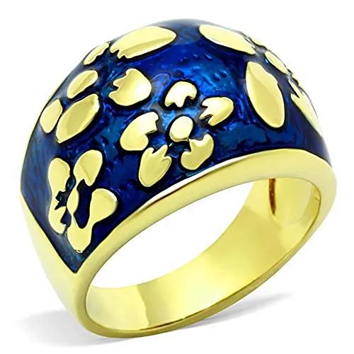 WildKlass Stainless Steel Flower Ring IP Gold Women Epoxy Capri Blue