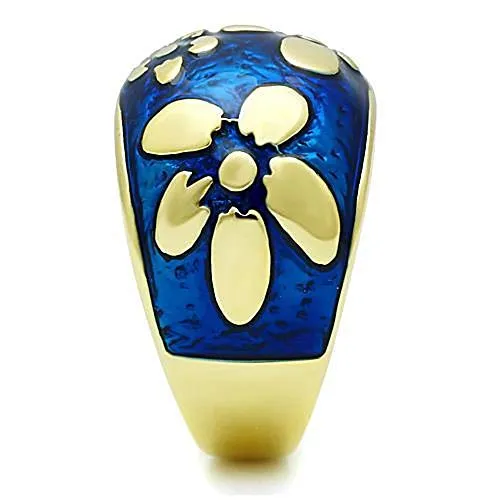 WildKlass Stainless Steel Flower Ring IP Gold Women Epoxy Capri Blue